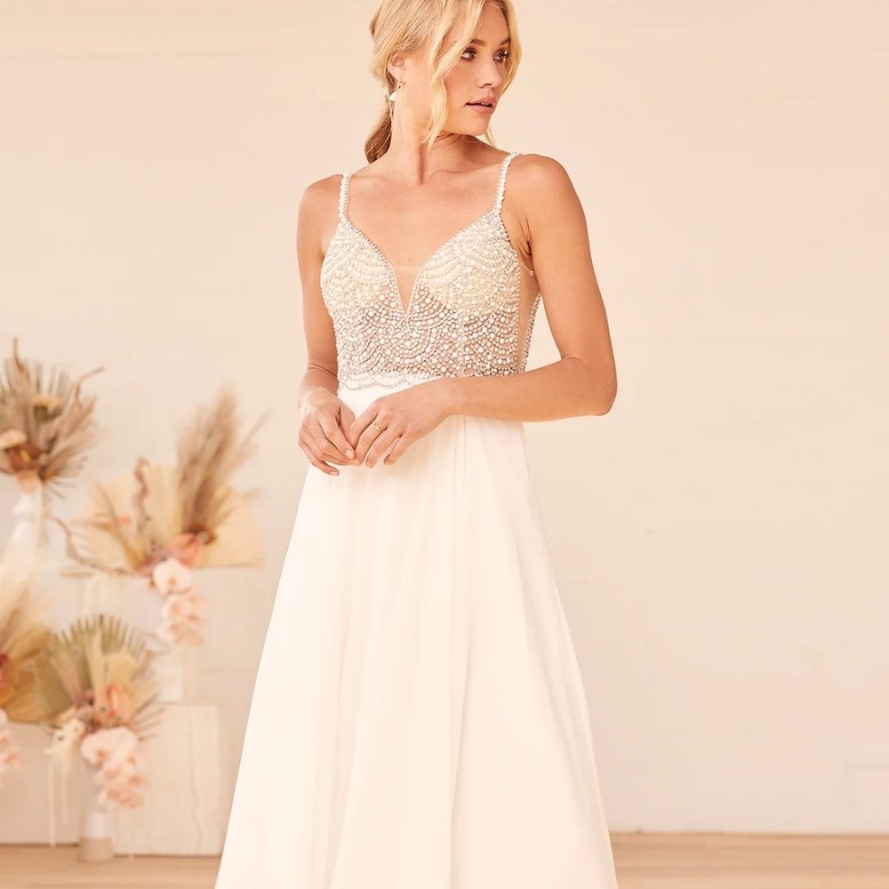 Lulus True Love White Beaded Rhinestone Maxi Dress